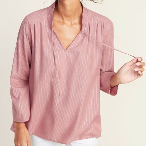 Old Navy Boho Metallic Stripe Split Neck Blouse Size L - Picture 1 of 6